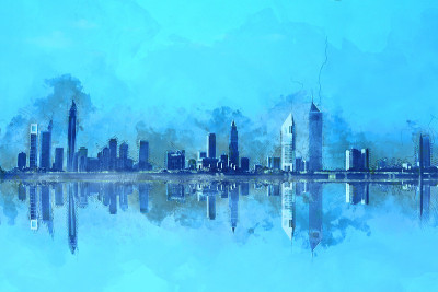 现代迪拜城市景观摩天大楼绘画，阿拉伯联合酋长国
