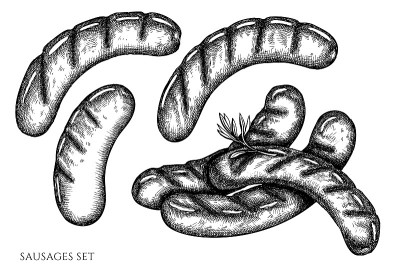 Vector set of hand drawn black and white sausages