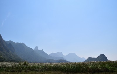 石灰岩山，美丽的天空和芦苇田