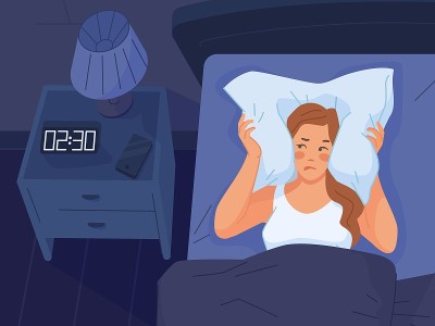 醒着的女人失眠。彻夜未眠的女孩，睡在黑暗的床上，疲惫沮丧的脸，矢量插图