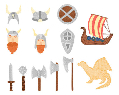 Set vikings in helmet on white background. Cartoon