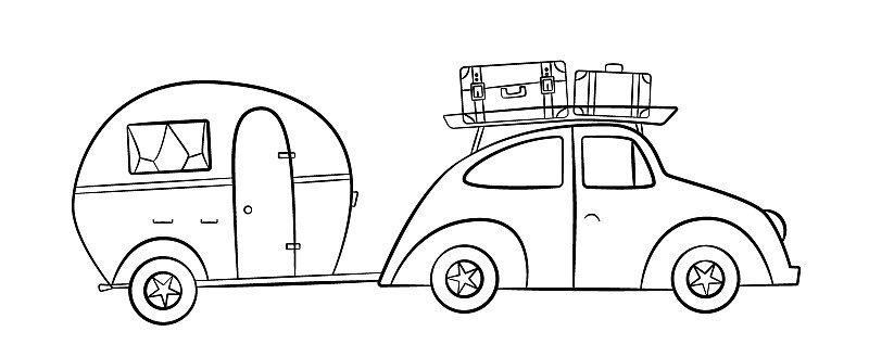 素描拖车露营旅游与复古车，涂鸦套