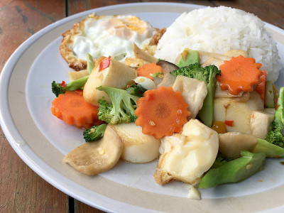 素菜豆腐、炒饭和炒蛋，以木色为背景。素食，健康食品。