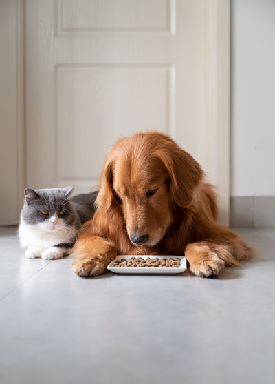 金毛猎犬和英国短毛猫准备进食