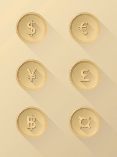 货币符号象征美元，欧元，日元，英镑，泰铢