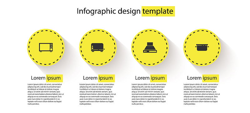 设置微波炉，烤面包机，厨房排气扇和烹饪锅。商业信息图表模板。向量