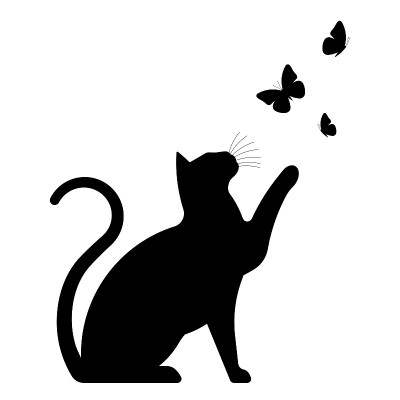 有蝴蝶的黑猫。黑色的矢量剪影。