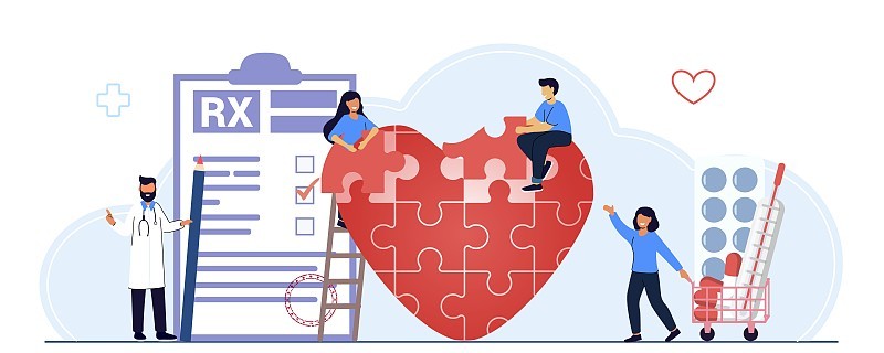 心脏健康拼图健康概念健康保健团队团结一致，管理抽象的心脏拼图符号世界心脏日健康保健意识微人概念向量