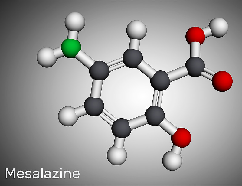 美沙拉嗪，美沙拉胺，5-氨基水杨酸分子。它是非甾体抗炎药，用于治疗溃疡性结肠炎，克罗恩病。分子模型。