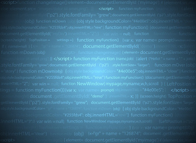 软件网页设计的蓝色背景。网站开发人员javascript编程代码。摘要计算机网页脚本。程序代码的随机