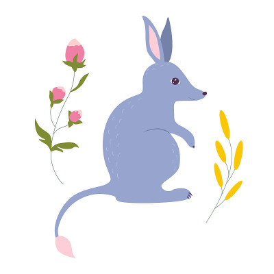 兔耳袋狸与鲜花卡通矢量插图