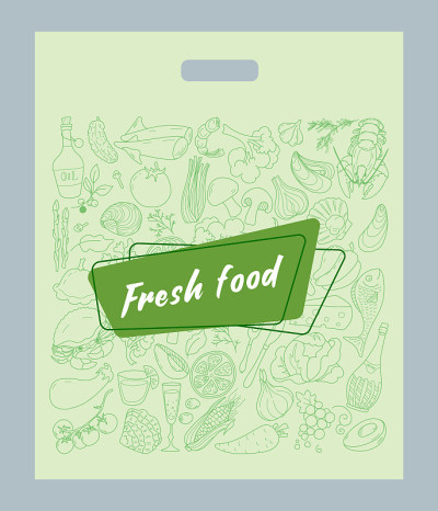 用产品图案设计食品店的塑料袋。新鲜食物。向量