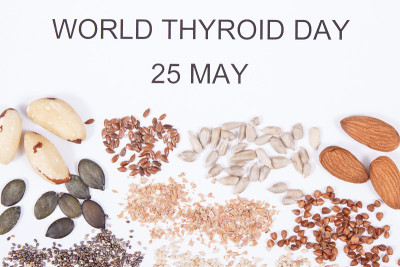 5月25日世界甲状腺日。含有维生素的健康食品。甲状腺概念的问题
