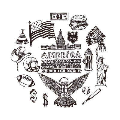 手绘一套美国符号。矢量插图。