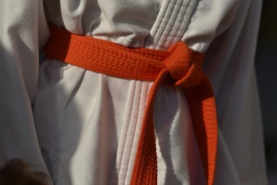 穿着不同颜色和服和腰带的男孩准备表演日本武术的活动