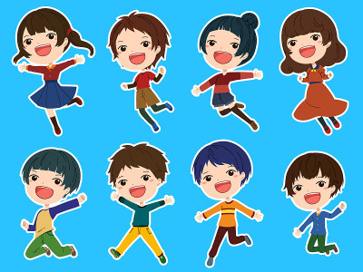 跳跃的女孩和男孩的插图与白色的边界