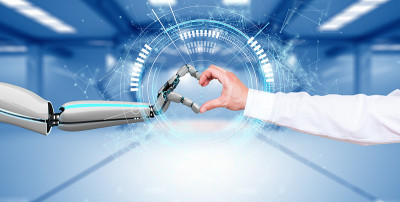 Businessman Robot Hands Heart Connection HUD Netwo