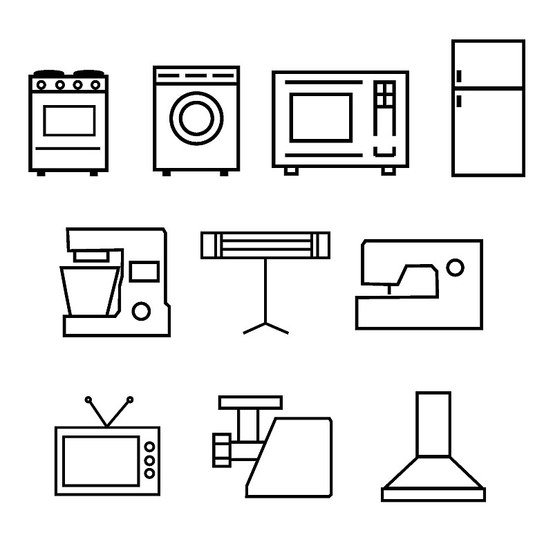 一套家用电器图标。炉子、洗衣机、微波炉、冰箱、咖啡机、搅拌机、空调、排气扇、电视、缝纫机、绞肉机。每预览效果
