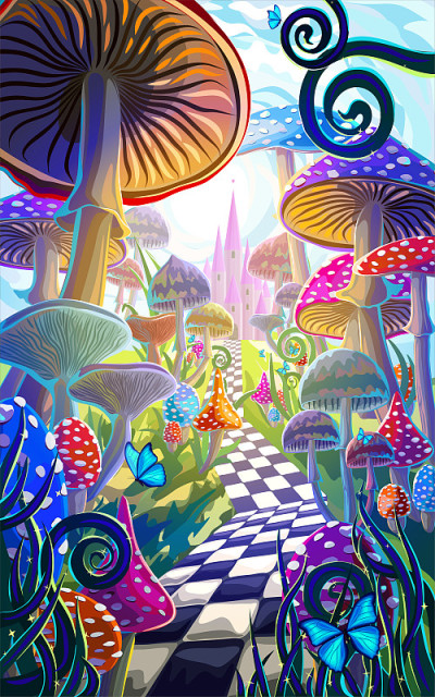 奇妙的风景，蘑菇，美丽的古堡和蝴蝶。