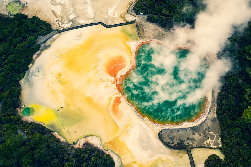 地热景观与热沸腾的泥浆和硫磺温泉由于火山活动在Wai-O-Tapu，热仙境新西兰