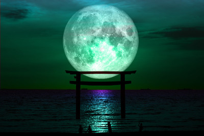 满月的鲟鱼月亮剪影鸟居木日本柱站在海上夜空