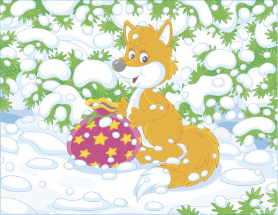 红狐带着礼物在雪杉下
