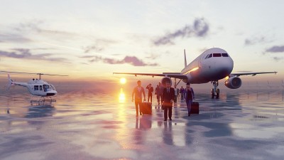 在大流行期间乘坐飞机旅行的人返回。机场的旅客在着陆后随身携带行李。三维渲染