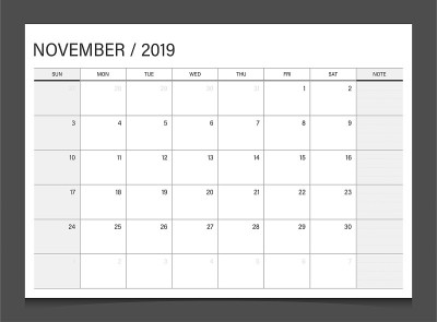 2019日历规划师11月周开始周日企业设计模板矢量。