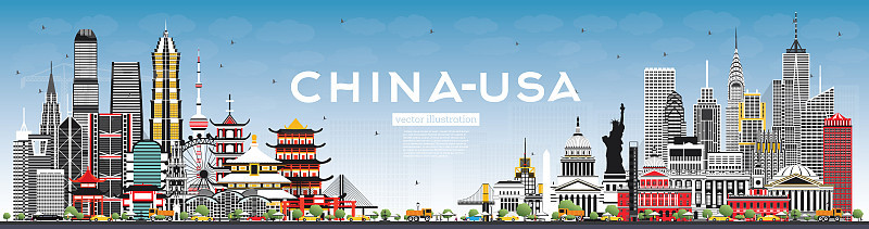 中国和美国的天际线，灰色的建筑和蓝天。