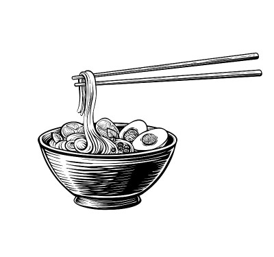 拉面汤在一个黑色的碗，手持筷子，手绘插图。