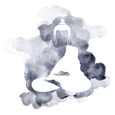 水彩佛。佛像符号孤立在白色背景上。印度，佛教，精神主题。瑜伽、灵性。佛像剪影为水疗标志