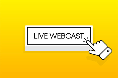 白色3D按钮，带有Live Webcast字样，隔离在黄色背景上。鼠标光标。简单的设计。矢量插图。