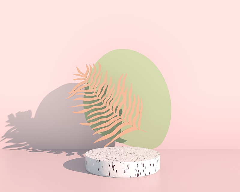 产品展示平台，以树叶装饰在柔和的背景，3d插图