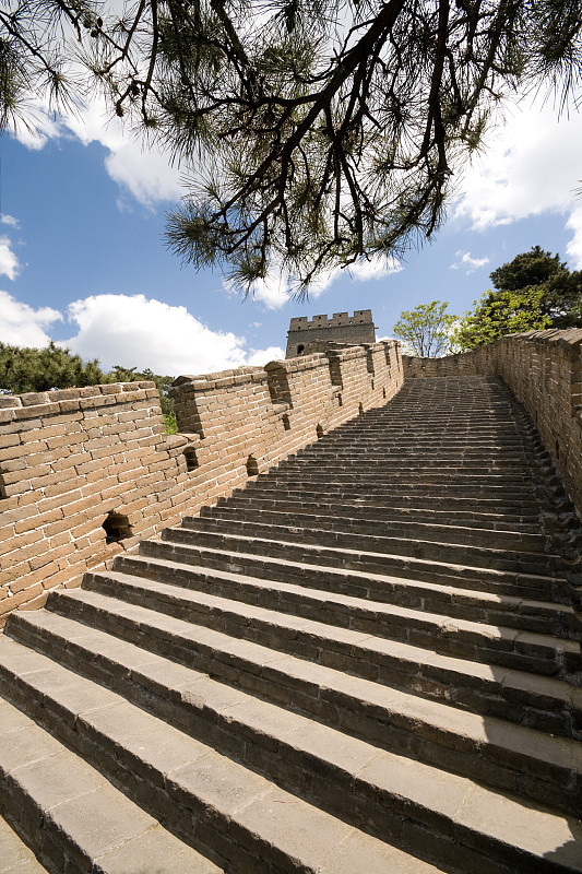 修复后的慕田峪长城台阶，北京城外，中国