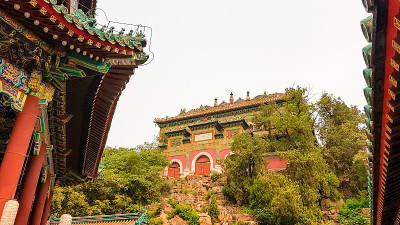 北京——中国北京颐和园公园的建筑群全景。这些建筑物装饰得富丽堂皇
