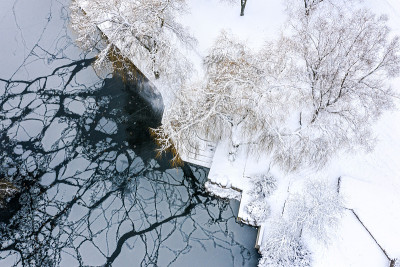风景如画的冬天，白雪皑皑的树木和冰雪覆盖的河流。空中俯视图