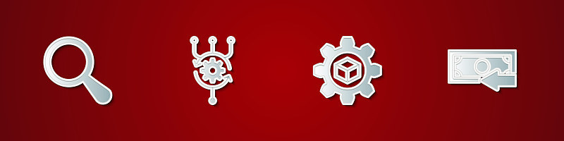 设置放大镜，算法，产品开发和现金返还图标。向量