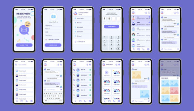 在线messenger独特的设计工具包的应用程序。社交网络屏幕与用户菜单和档案，联系人，聊天与键盘。