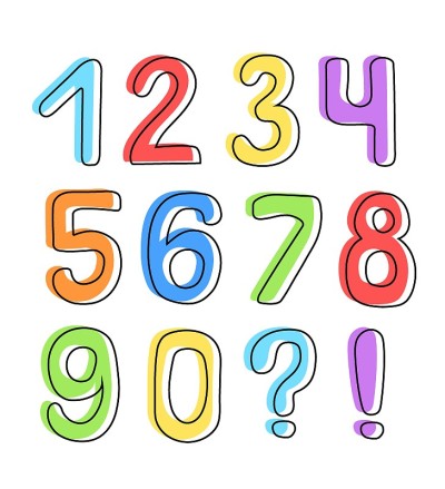 白色背景上从0到9的多种颜色的数字。教室、儿童房、自习室的设计。平面卡通矢量插图。