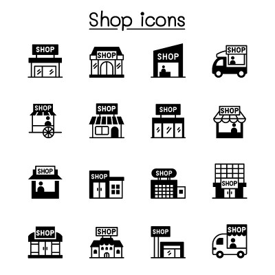 一套商店图标。包含诸如，超市，购物中心，大卖场，商店等图标。
