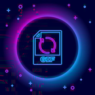 发光的霓虹灯线GIF文件文件。下载gif按钮图标隔离在黑色背景。GIF文件的象征。色彩斑斓的轮廓的概