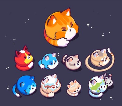 太空中有一群可爱的大猫。矢量插图。平面设计。概念儿童印刷。可用于贴纸、贴片、手机壳、海报、t恤等。