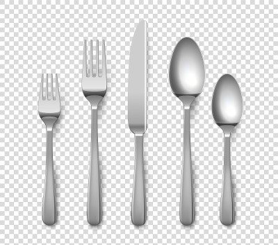 现实的餐具。3D刀叉或勺子。用于透明背景的桌子设置的孤立金属物体。俯视图的银器设置。矢量扁平器皿从不