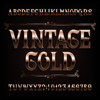 Vintage Gold alphabet font. Fancy ornate golden le