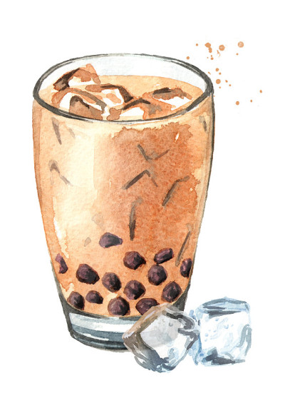 台湾奶茶加冰块。食品的概念。水彩手绘插图，孤立的白色背景