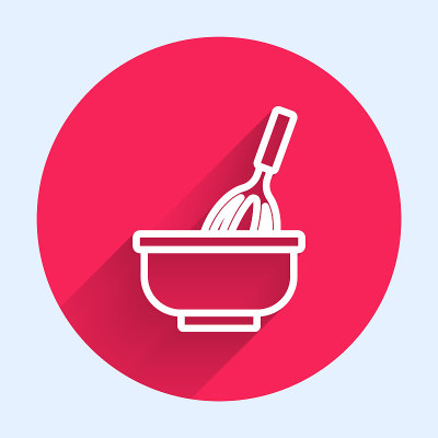 白线厨房搅拌器与碗图标隔离与长影子。烹饪用具，打蛋器。餐具的迹象。混合食物的象征。红色圆圈按钮。向量