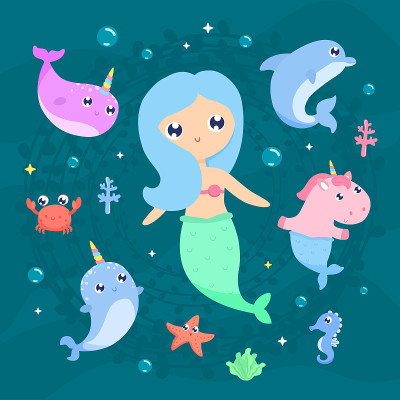 神奇的生物。独角鲸，独角兽美人鱼，海洋动物矢量插图