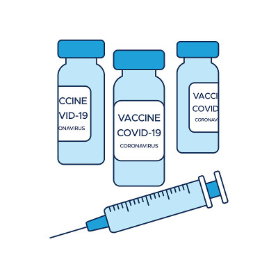 概念:COVID-19疫苗接种、三瓶疫苗和一个注射器、一幅蓝色医疗海报。矢量插图风格的平面图标孤立在
