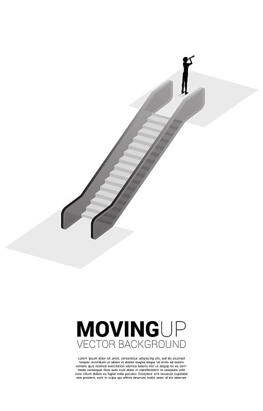商人透过望远镜望向自动扶梯上层的剪影。
