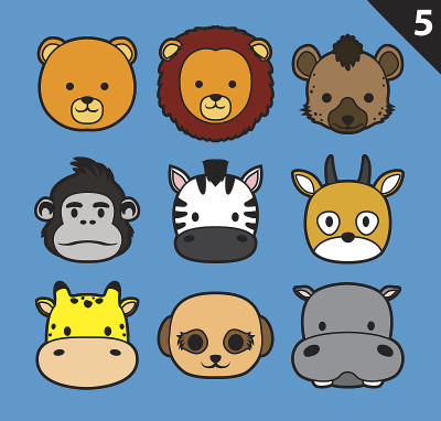 Flat Animal Faces Stroke Icon Cartoon Vector Set 5